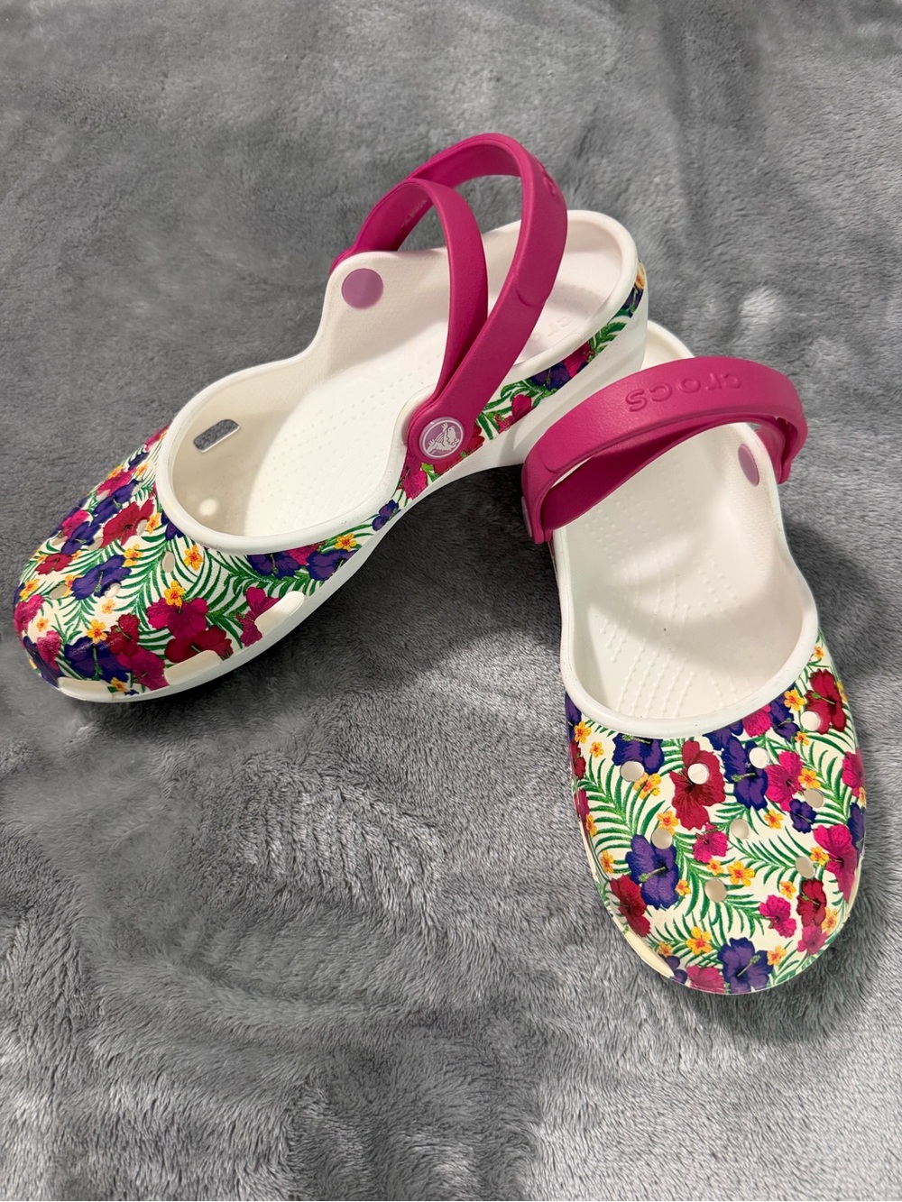 CROCS Women's Floral Clogs with Pink Strap and White Base